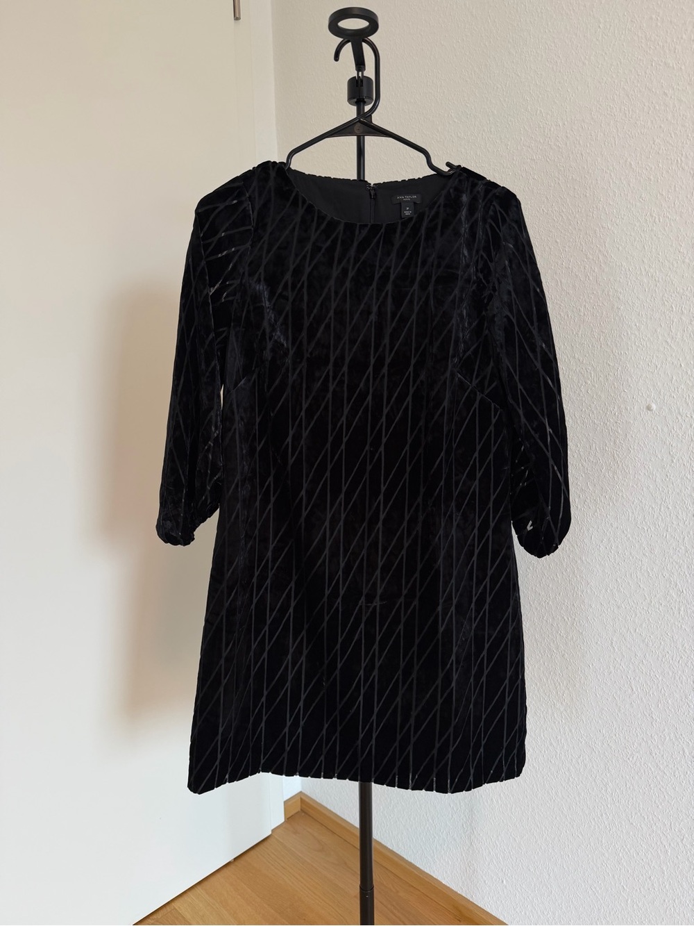 Ann Taylor Black Velvet Mini Dress with Diagonal Texture